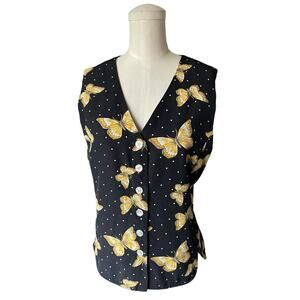 Vintage 90s Norton McNaughton Petite Size 12 Black Yellow Butterfly Vest Button